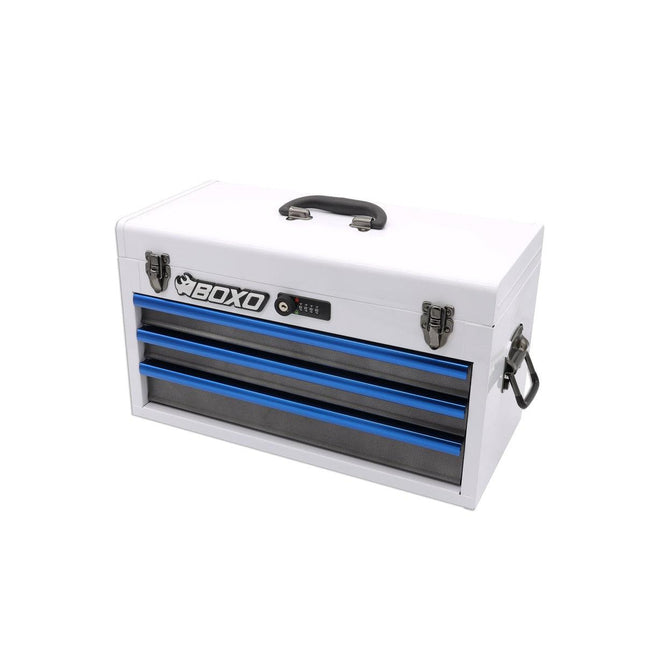BoxoUSA-20" 3-Drawer Portable Steel Tool Box | White and Blue-[product_sku]