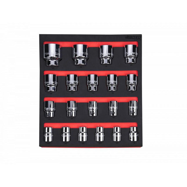 BoxoUSA 20-Piece 3/4" Dr Metric Standard Length 6-Point Chrome Socket Set | 2/3rd EVA Foam BX335-R2