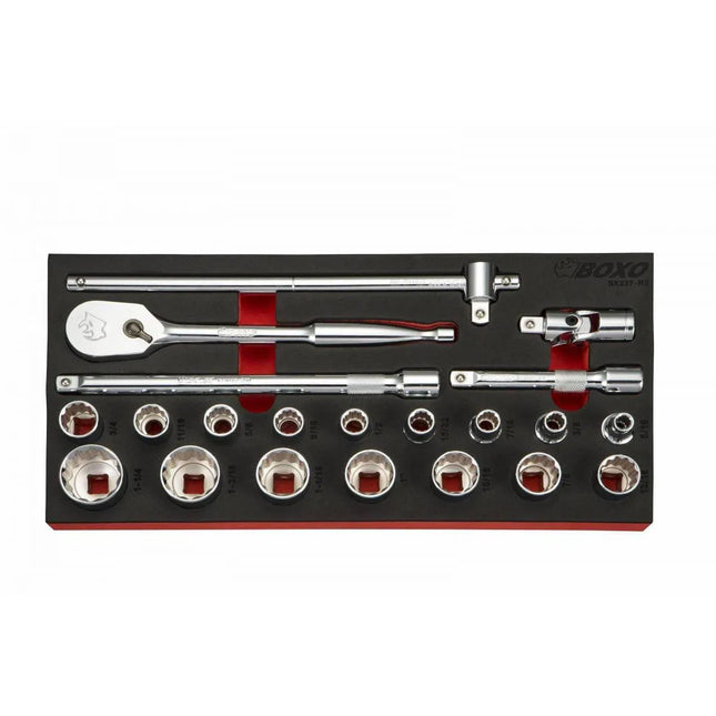 BoxoUSA 21-Piece 1/2" Drive 12-Point SAE Socket Set | 1/3rd EVA Foam BX237-R2