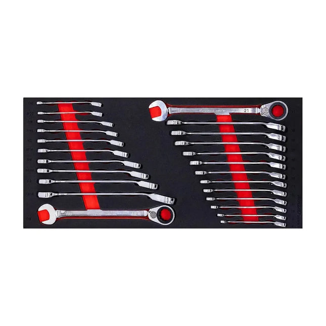 BoxoUSA 24-Piece Metric & SAE Reversible Ratcheting Wrench Set | 1/3 Drawer EVA Foam BX946-R2