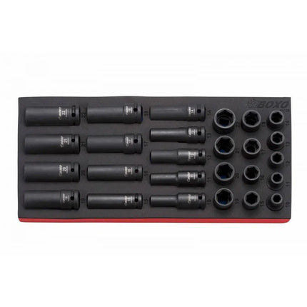 BoxoUSA 26-Piece 1/2" Dr Metric Standard & Deep Length 6-Point Impact Socket Set | 1/3rd EVA Foam BX128-R