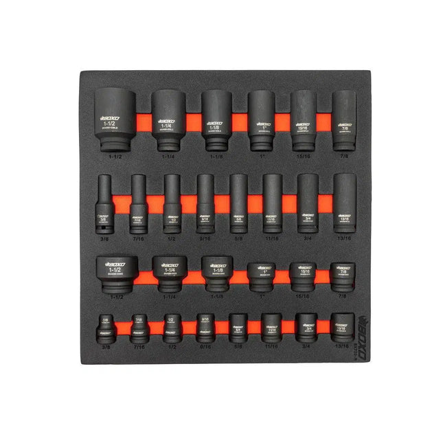 BoxoUSA 28-Piece 1/2" Drive SAE Impact Socket Set | 2/3 Drawer EVA Foam BX720-R