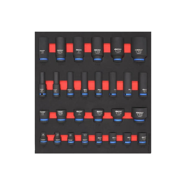 BoxoUSA 28-Piece ½” Drive SAE Impact Socket Set | 2/3 Drawer EVA Foam BX838-R