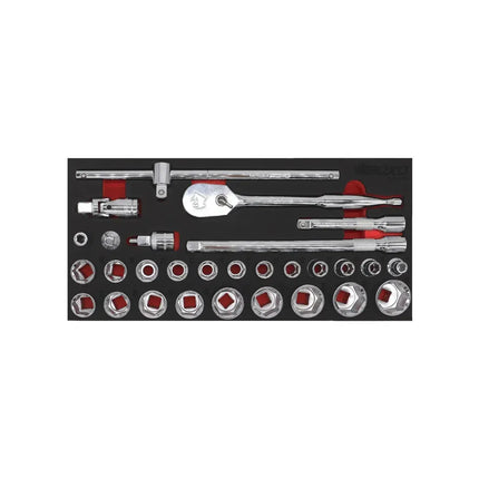 BoxoUSA 29-Piece 1/2" Drive 6-Point Metric Socket Set | 1/3 Drawer EVA Foam BX537-R2