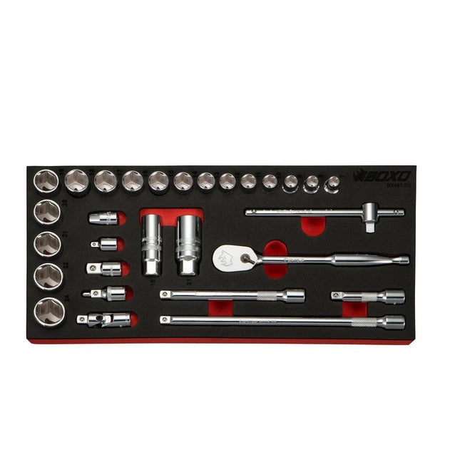 BoxoUSA 29-Piece 3/8" Drive Metric 6 Point Socket Set | 1/3rd EVA Foam BX497-R2