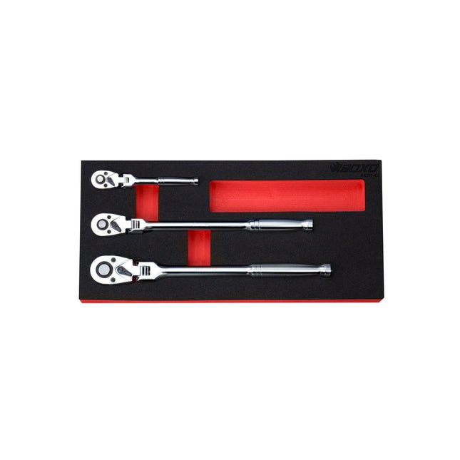 BoxoUSA-3-Piece 72T 1/4", 3/8" & 1/2" Drive Flex Head Ratchet Set | 1/3rd EVA Foam-BX359-R2