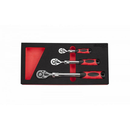 BoxoUSA 3-Piece 72T 1/4", 3/8" & 1/2" Driver Extendable Handle Ratchet Set | 1/3rd EVA Foam BX357-R2