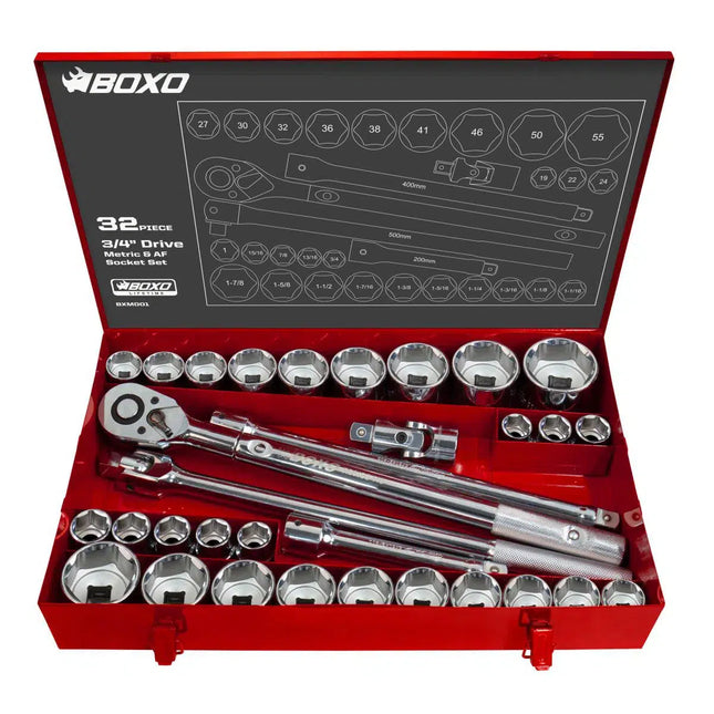 BoxoUSA 32-Piece Metric & SAE 3/4" Drive 6-Point Socket Set And Ratchet BXM001