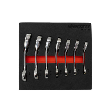 BoxoUSA 7-Piece Stubby SAE Reversible Ratcheting Combo Wrench Set | 1/9th EVA Foam BX719-R2