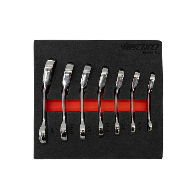 BoxoUSA 7-Piece Stubby SAE Reversible Ratcheting Combo Wrench Set | 1/9th EVA Foam BX719-R2
