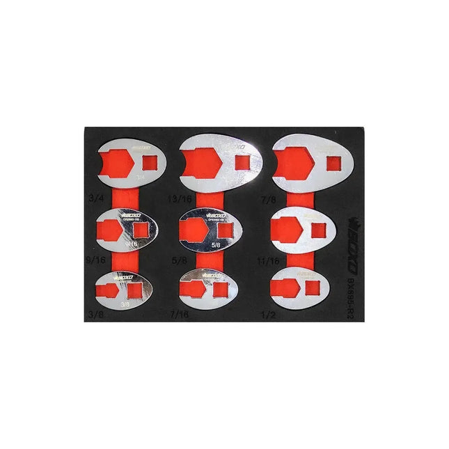 BoxoUSA 9-Piece 3/8" Drive SAE 6-Point Crowfoot Wrench Set | 1/9 Drawer EVA Foam BX895-R2