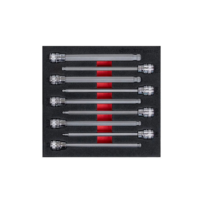 BoxoUSA 9-Piece 3/8" Drive SAE Extra-Long Ball Point Hex Bit Socket Set | 1/6 Drawer EVA Foam BX927-R2
