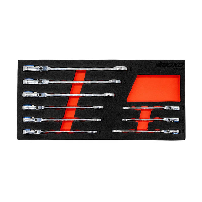 BoxoUSA-9-Piece Flex Head 100T SAE Ratcheting Combination Wrench Set with Magnetic Stop Ring and Grip Open End | 1/3rd EVA Foam-[product_sku]