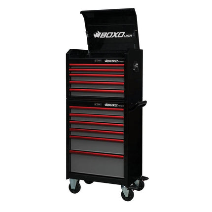 BoxoUSA Pro Series | 26" 11-Drawer Rolling Tool Box | Black and Red 26TB-BK-R