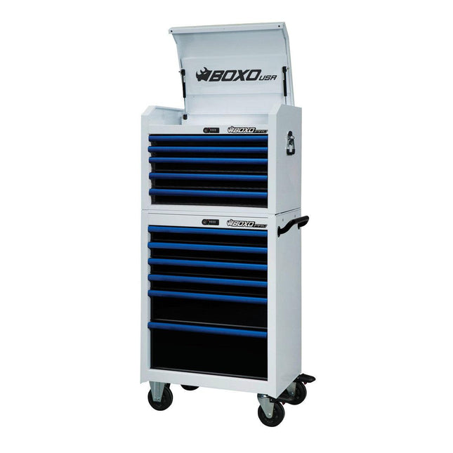 BoxoUSA-Pro Series | 26" 11-Drawer Rolling Tool Box | White and Blue-26TB-W-B