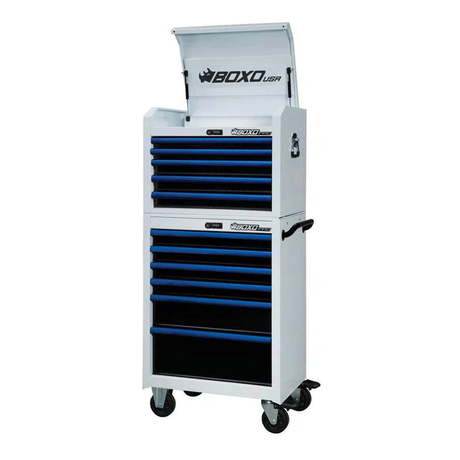 BoxoUSA Pro Series | 26" 11-Drawer Rolling Tool Box | White and Blue 26TB-W-B