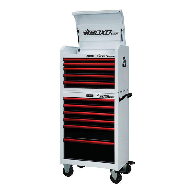 BoxoUSA-Pro Series | 26" 11-Drawer Rolling Tool Box | White and Red-26TB-W-R