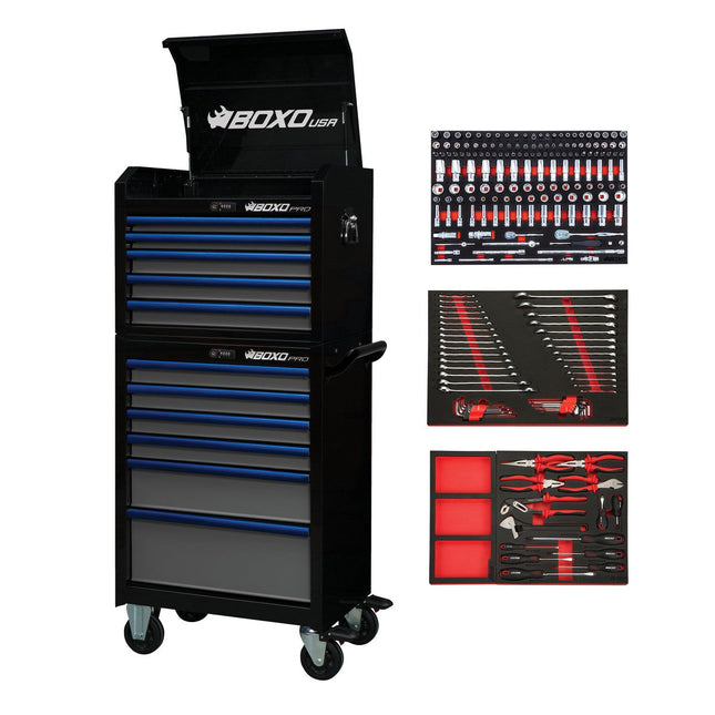 BoxoUSA-Pro Series | 26" 11-Drawer Rolling Tool Box With 217-Piece Master Tool Set | Gloss Black, Blue Trim-[product_sku]