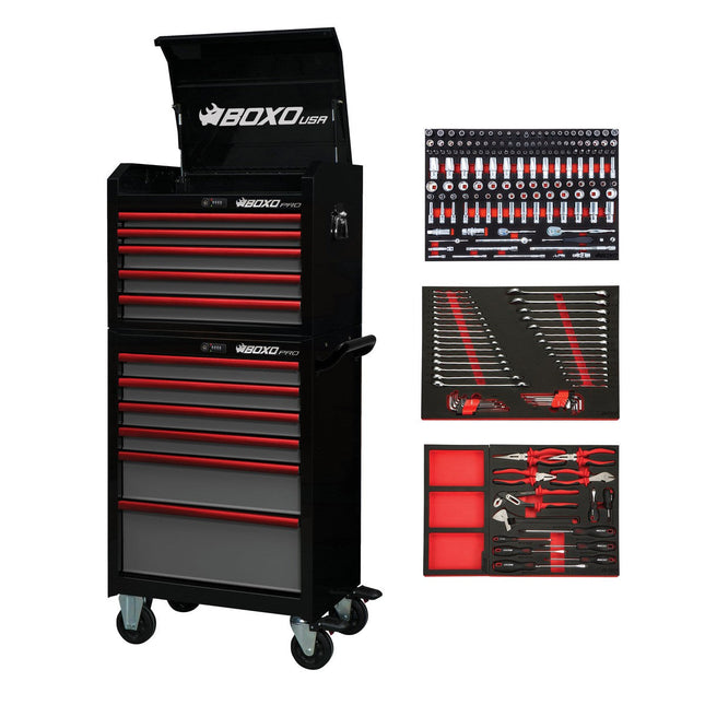 BoxoUSA-Pro Series | 26" 11-Drawer Rolling Tool Box With 217-Piece Master Tool Set | Gloss Black, Red Trim-[product_sku]