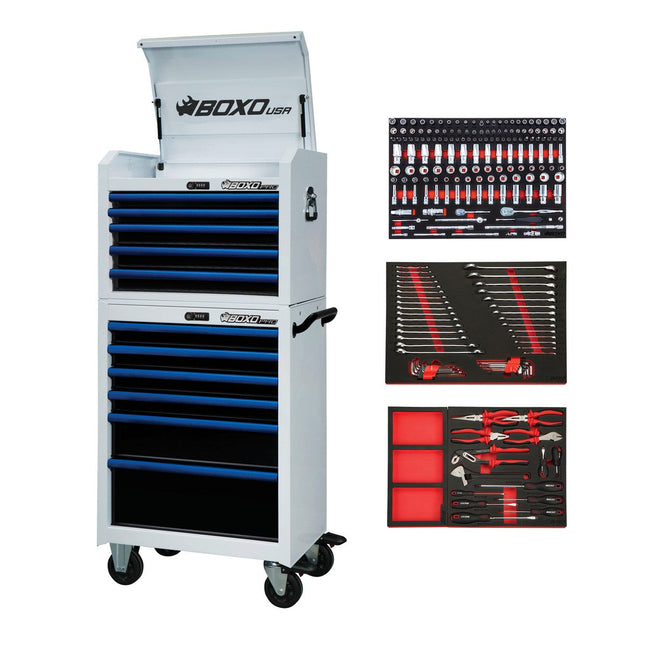 BoxoUSA-Pro Series | 26" 11-Drawer Rolling Tool Box With 217-Piece Master Tool Set | Gloss White, Blue Trim-[product_sku]