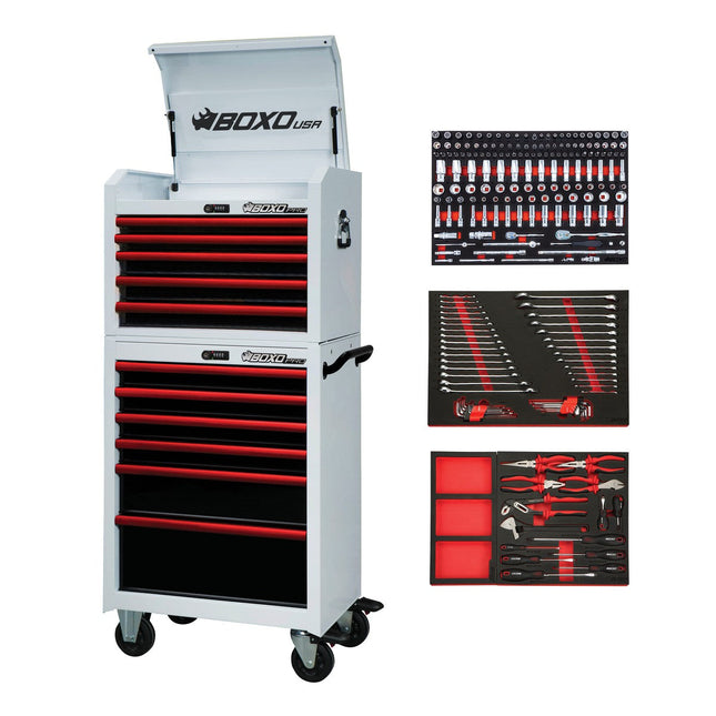 BoxoUSA-Pro Series | 26" 11-Drawer Rolling Tool Box With 217-Piece Master Tool Set | Gloss White, Red Trim-[product_sku]