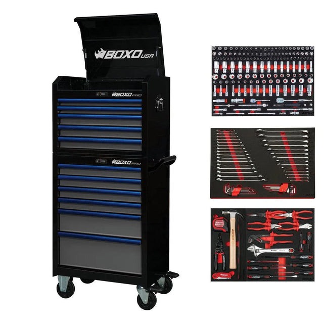BoxoUSA Pro Series | 26" 11-Drawer Rolling Tool Box with 222-Piece Master Tool Set | Black and Blue 26TBM-BK-B1