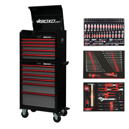 BoxoUSA Pro Series | 26" 11-Drawer Rolling Tool Box with 222-Piece Master Tool Set | Black and Red 26TBM-BK-R1