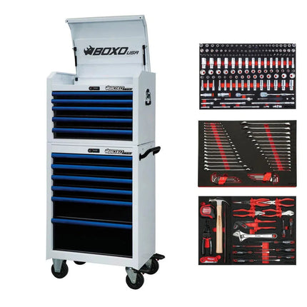 BoxoUSA Pro Series | 26" 11-Drawer Rolling Tool Box with 222-Piece Master Tool Set | White and Blue 26TBM-W-B1