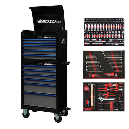 BoxoUSA Pro Series | 26" 11-Drawer Rolling Tool Box with 233-Piece Master Tool Set 26TBM-BK-B