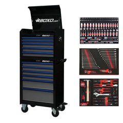 BoxoUSA Pro Series | 26" 11-Drawer Rolling Tool Box with 233-Piece Master Tool Set | Black and Blue 26TBM-BK-B1