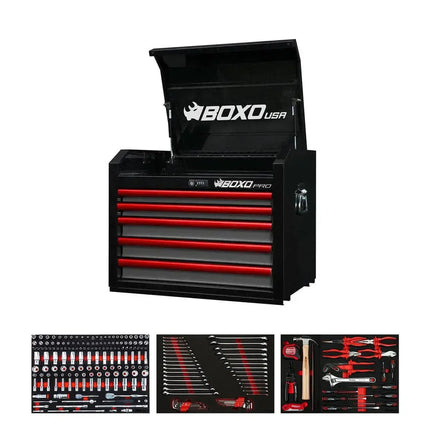 BoxoUSA Pro Series | 26" 5-Drawer Tool Box with 222-Piece Master Tool Set 26TM-BK-R