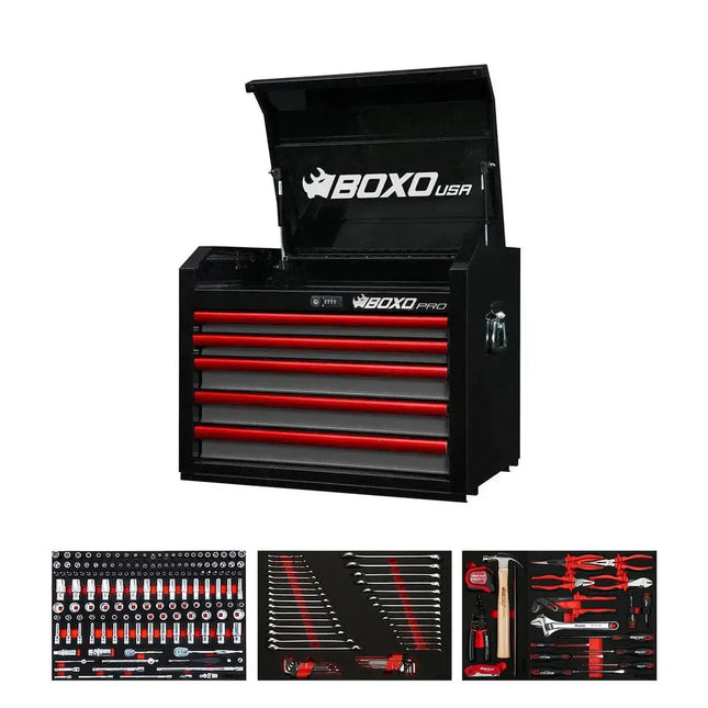 BoxoUSA Pro Series | 26" 5-Drawer Tool Box with 222-Piece Master Tool Set 26TM-BK-R
