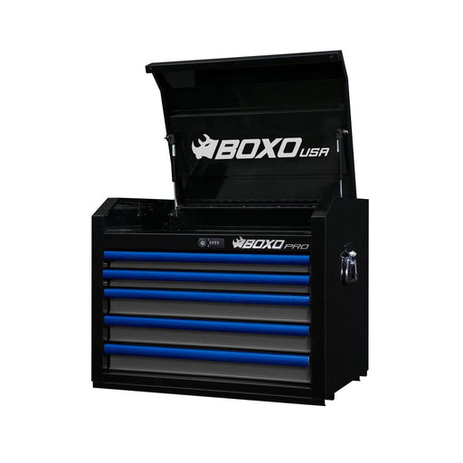 BoxoUSA-Pro Series | 26" 5-Drawer Top Tool Chest | Gloss Black, Blue Trim-[product_sku]