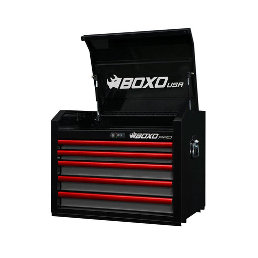 BoxoUSA-Pro Series | 26" 5-Drawer Top Tool Chest | Gloss Black, Red Trim-[product_sku]