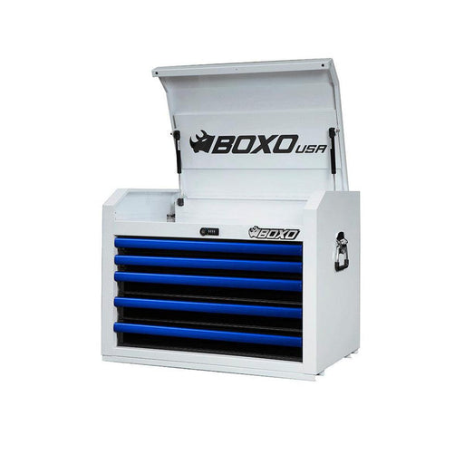 BoxoUSA-Pro Series | 26" 5-Drawer Top Tool Chest | Gloss White, Blue Trim-[product_sku]