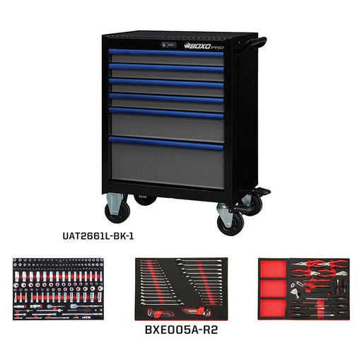 BoxoUSA-Pro Series | 26" 6-Drawer Bottom Roll Cabinet With 217-Piece Master Tool Set | Gloss Black, Blue Trim-[product_sku]
