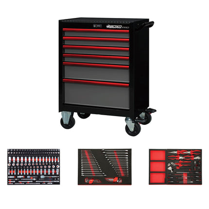BoxoUSA-Pro Series | 26" 6-Drawer Bottom Roll Cabinet With 217-Piece Master Tool Set | Gloss Black, Red Trim-[product_sku]