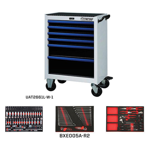 BoxoUSA-Pro Series | 26" 6-Drawer Bottom Roll Cabinet With 217-Piece Master Tool Set | Gloss White, Blue Trim-[product_sku]