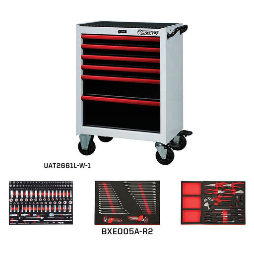 BoxoUSA-Pro Series | 26" 6-Drawer Bottom Roll Cabinet With 217-Piece Master Tool Set | Gloss White, Red Trim-[product_sku]