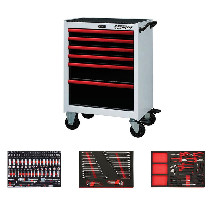 BoxoUSA-Pro Series | 26" 6-Drawer Bottom Roll Cabinet With 217-Piece Master Tool Set | Gloss White, Red Trim-[product_sku]