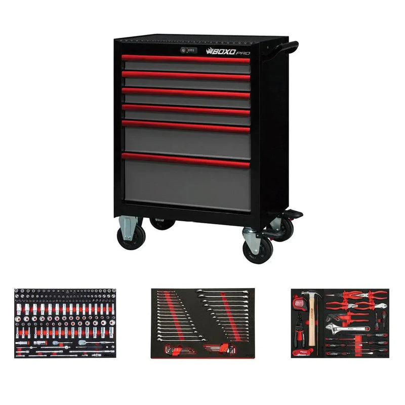 BoxoUSA Pro Series | 26" 6-Drawer Rolling Tool Box with 222-Piece Master Tool Set 26BM-BK