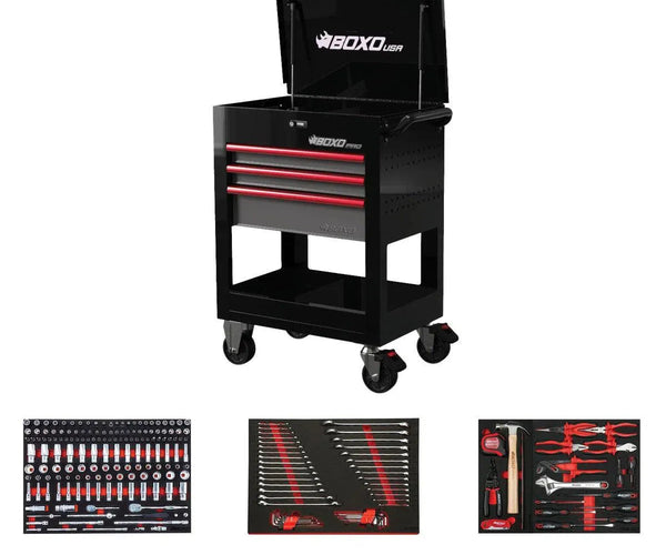 Boxo Cart Tool Box with 222-Piece Master Tool Set in Black and Red