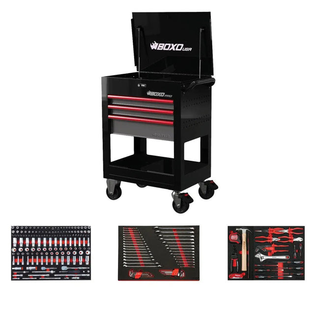 BoxoUSA Pro Series | 28" 3-Drawer Flip Top Service Cart Tool Box with 233-Piece Master Tool Set 28BM-BK-R