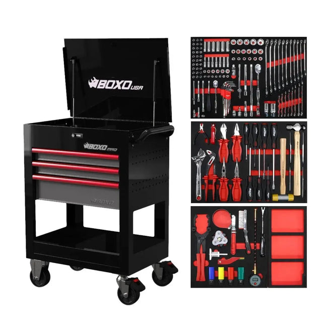 BoxoUSA Pro Series | 28" 3-Drawer Flip-Top Service Cart with 160-Piece Quick Service Master Tool Set 28BQS-BK-R