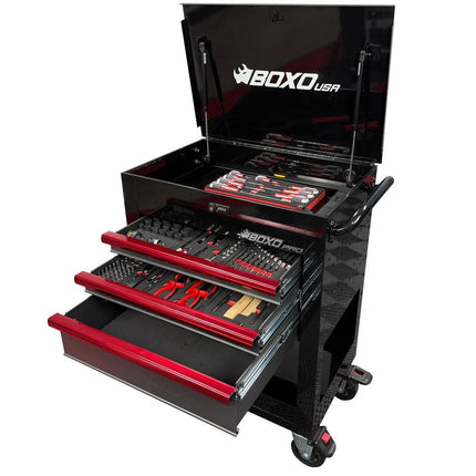 BoxoUSA Pro Series | 28" 3-Drawer Flip-Top Service Cart with Quick Service Master Tool Set 28BQS-BK-R