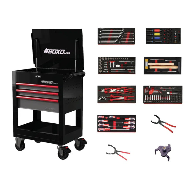 BoxoUSA Pro Series | 28" 3-Drawer Flip-Top Service Cart with Quick Service Master Tool Set 28BQS-BK-R