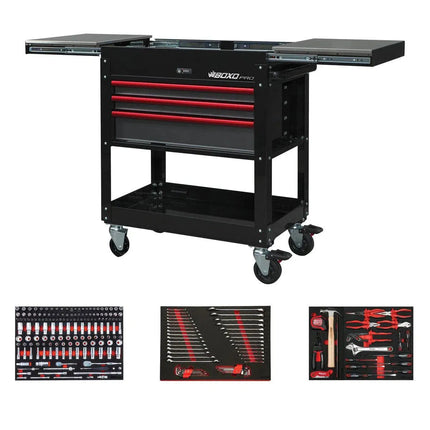 BoxoUSA Pro Series | 35" 3-Drawer Slide-Top Service Cart Tool Box with 222-Piece Master Tool Set 35SBM-BK-R