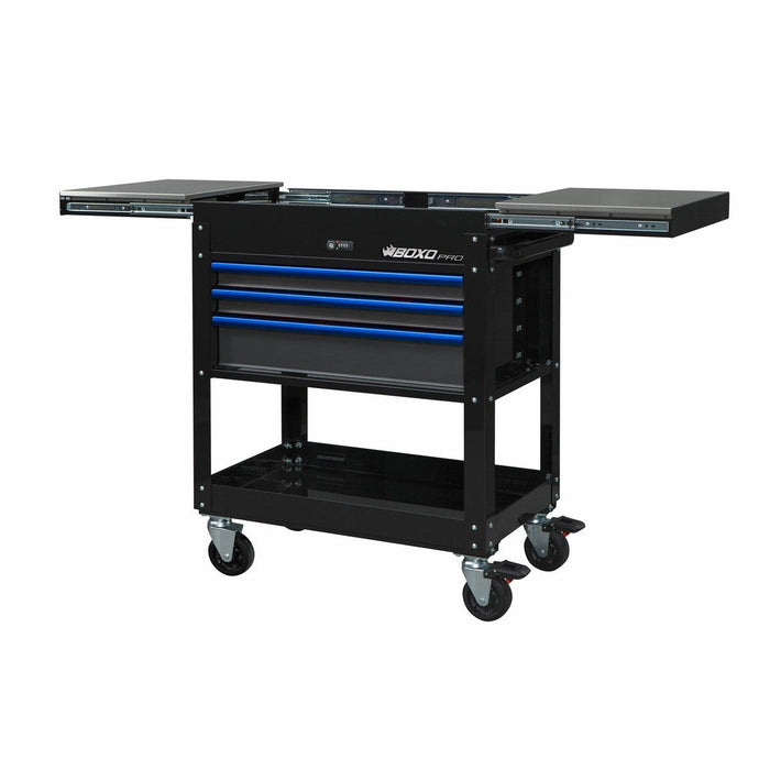 BoxoUSA-Pro Series | 35" 3-Drawer with Slide Top Service Cart | Gloss Black, Blue Trim-[product_sku]