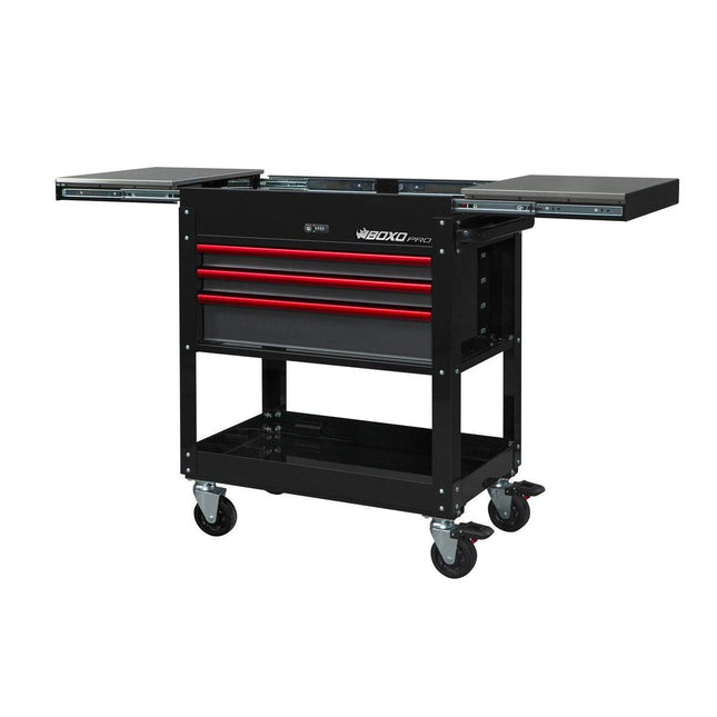 BoxoUSA-Pro Series | 35" 3-Drawer with Slide Top Service Cart | Gloss Black, Red Trim-[product_sku]