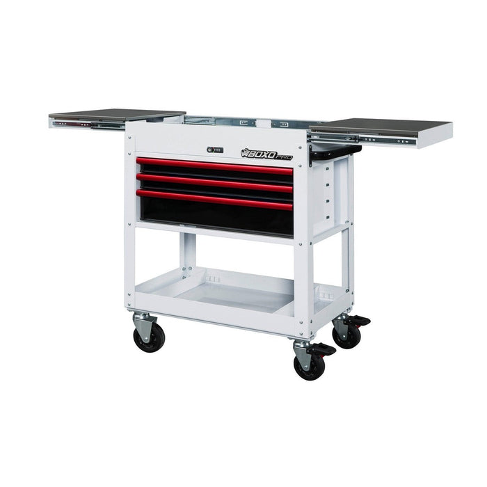 BoxoUSA-Pro Series | 35" 3-Drawer with Slide Top Service Cart | Gloss White, Red Trim-[product_sku]